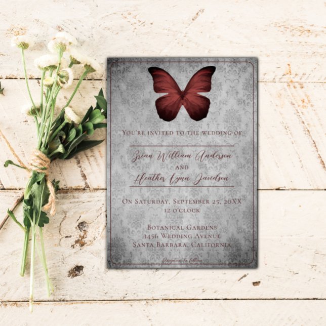 Convite Casamento tema damasco da Borboleta Vermelha Vinta (Red Vintage Butterfly Damask Wedding Invitation)