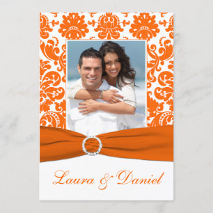 Convite Casamento tema damasco de cor laranja, branco, imp