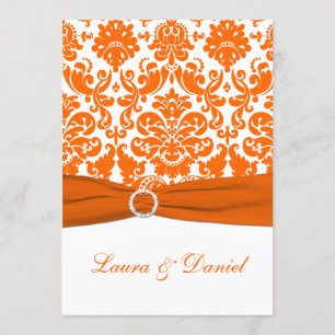 Convite Casamento tema damasco de cor laranja, branco, imp