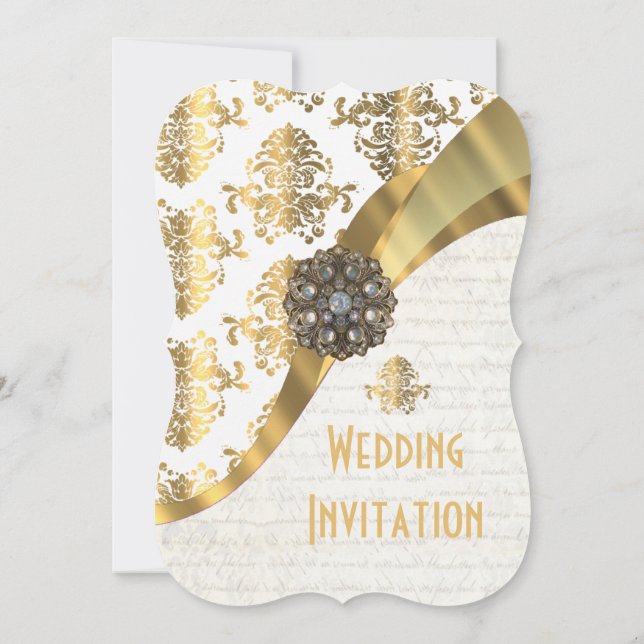 Convite Casamento tema damasco de ouro branco tradicional (Verso)