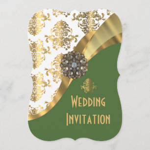 Convite casamento tema damasco de ouro e verde irlandês d