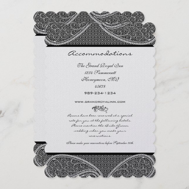 Convite casamento tema damasco de Paisley preto e branco 5 (Frente/Verso)