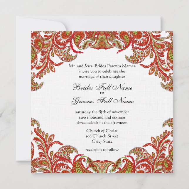 Convite Casamento tema damasco de Paisley vermelho, Limão  (Frente)