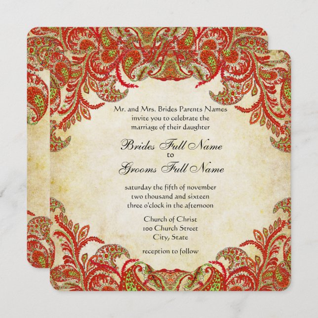 Convite Casamento tema damasco de Paisley vermelho, Limão  (Frente/Verso)
