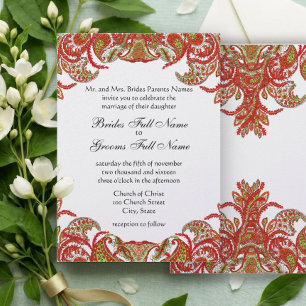 Convite Casamento tema damasco de Paisley vermelho, Limão