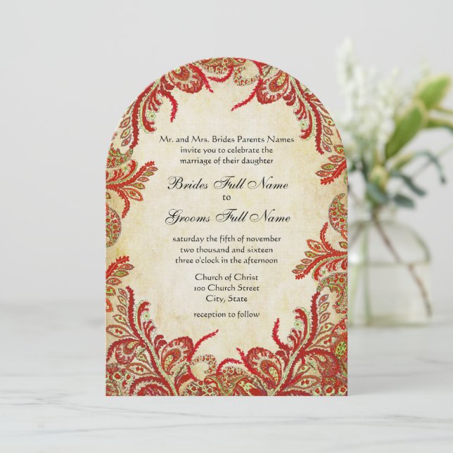 Convite Casamento tema damasco de Paisley vermelho, Limão  (Em pé/Frente)