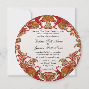 Convite Casamento tema damasco de Paisley vermelho, Limão 