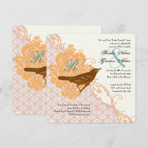 Convite Casamento tema damasco de pássaros, cor-de-rosa,