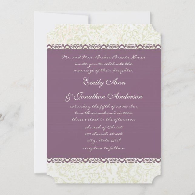 Convite Casamento tema damasco de Vintagem Roxo (Frente)