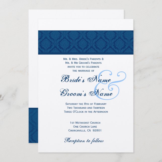 Convite Casamento tema damasco Diamante Marinho Azul e Bra (Frente/Verso)