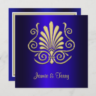 Convite Casamento tema damasco Dourado Blue Art Deco Convi
