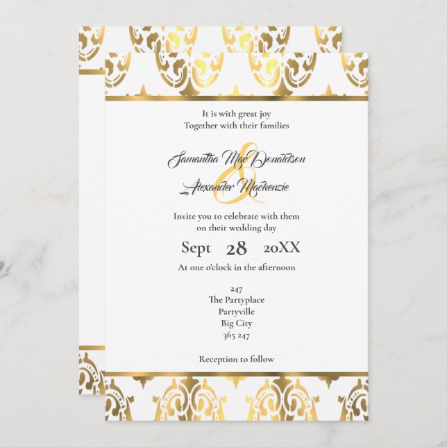 Convite casamento tema damasco Dourado e branco (Frente/Verso)