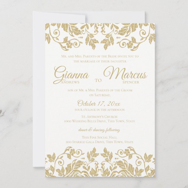 Convite Casamento tema damasco Dourado e branco (Frente)