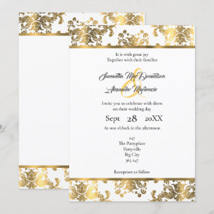 Convite casamento tema damasco Dourado e branco