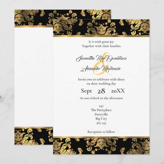 Convite casamento tema damasco Dourado e preto (Frente/Verso)
