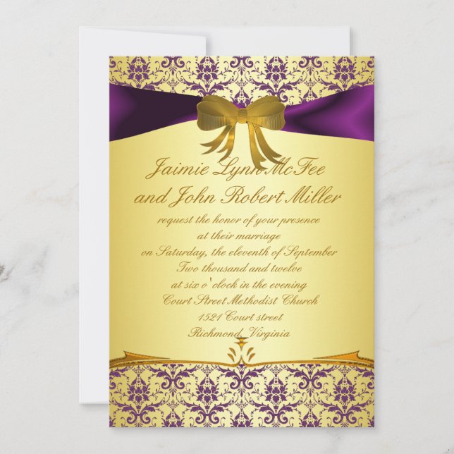 Convite Casamento tema damasco Dourado roxo formal (Frente)