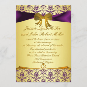 Convite Casamento tema damasco Dourado roxo formal