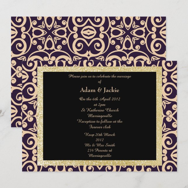 CONVITE CASAMENTO TEMA DAMASCO ELEGANTE (Frente/Verso)