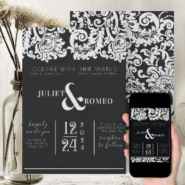 Convite Casamento tema damasco Floral Branco e Preto Moder
