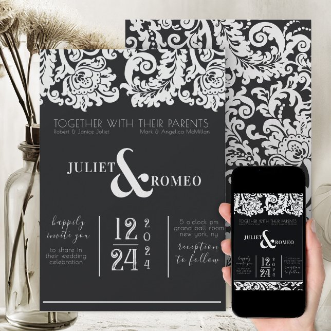 Convite Casamento tema damasco Floral Branco e Preto Moder (elegant black and white wedding theme floral damask modern wedding invitation )