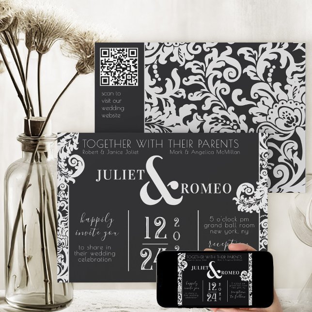 Convite Casamento tema damasco Floral Branco e Preto Moder (elegant black and white theme modern floral damask printable wedding  invitation)
