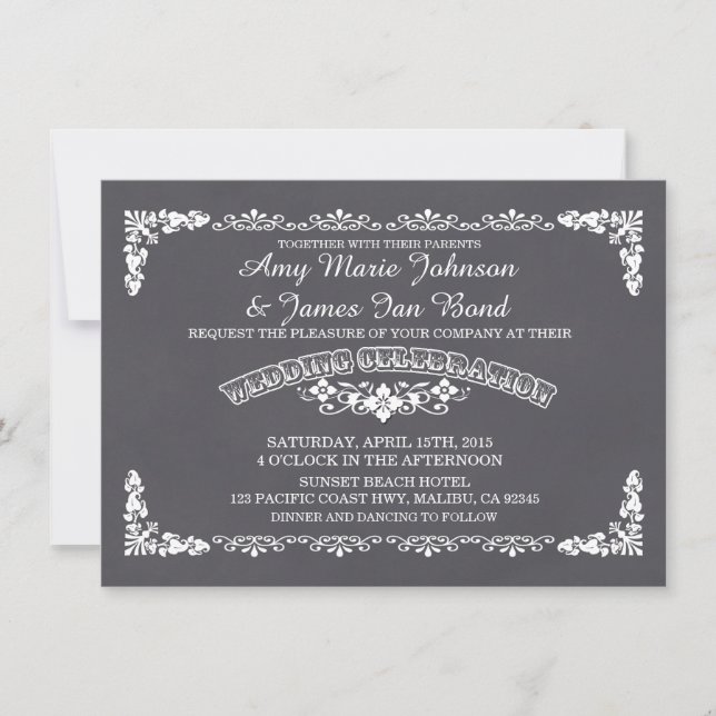Convite Casamento tema damasco floral chalkboard convida d (Frente)