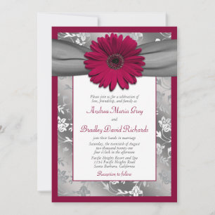 Convite Casamento tema damasco Floral da Cinza Burgundy