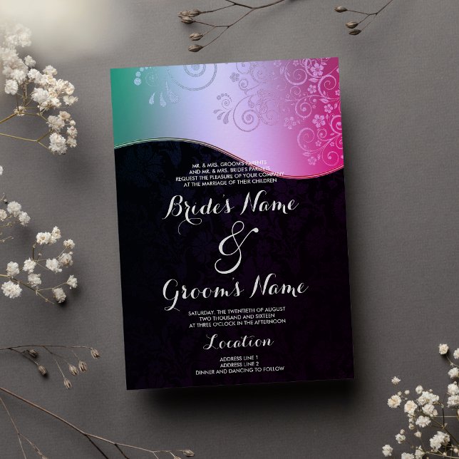 Convite Casamento tema damasco Floral de Gradação de Teto  (Black Pink Teal Gradient Floral Damask Wedding )