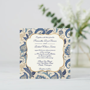Convite Casamento tema damasco Floral de Vintage Blue e Cr