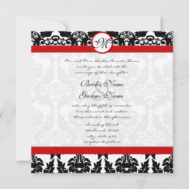 Convite Casamento tema damasco Floral de Vintage Preto e B (Frente)