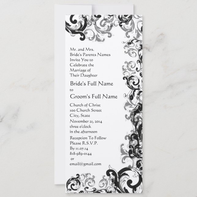 Convite Casamento tema damasco Floral de Vintage Preto e B (Frente)