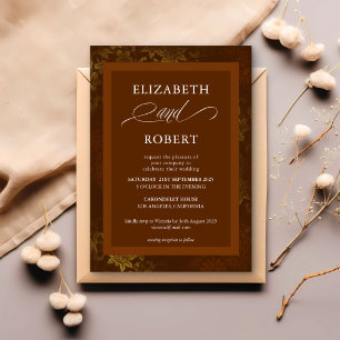 Convite Casamento tema damasco Floral Dourado eterno Brown