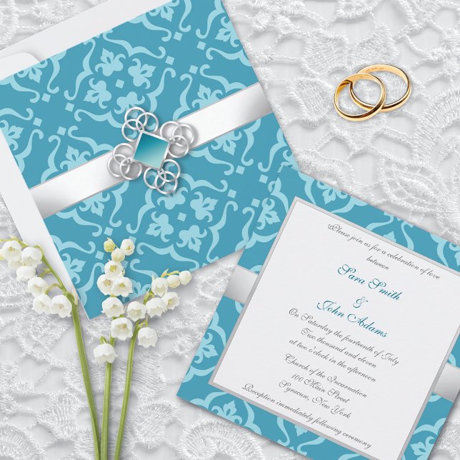 Convite Casamento tema damasco Floral Turquoise (Criador carregado)