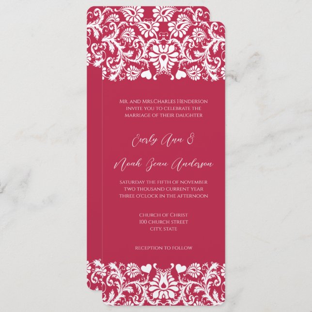 Convite Casamento tema damasco Floral Vitoriano Magenta Ro (Frente/Verso)