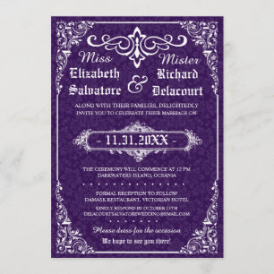 Convite Casamento tema damasco Gótico Roxo Vitoriano Convi