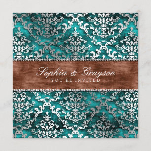Convite Casamento tema damasco Imperial Teal Glimmer Convi