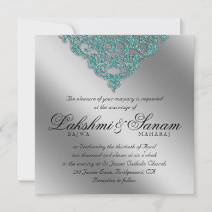 Convite Casamento tema damasco Invite Teal de Prata Sparkl