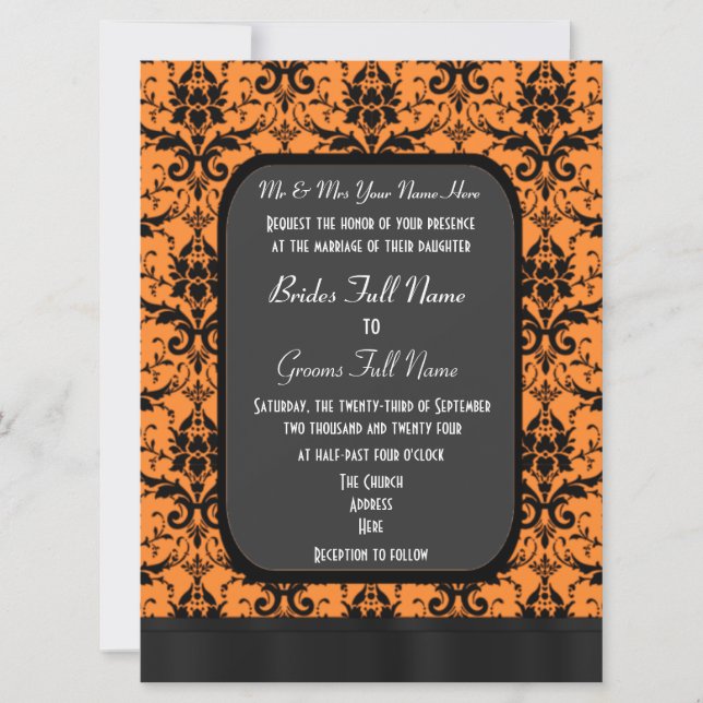 Convite Casamento tema damasco laranja e preto (Frente)