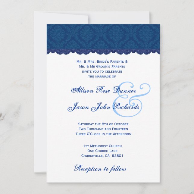 Convite Casamento tema damasco Marinho azul e branco V001 (Frente)