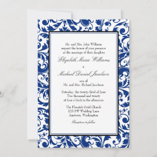 Convite Casamento tema damasco Marinho de espiral azul e p