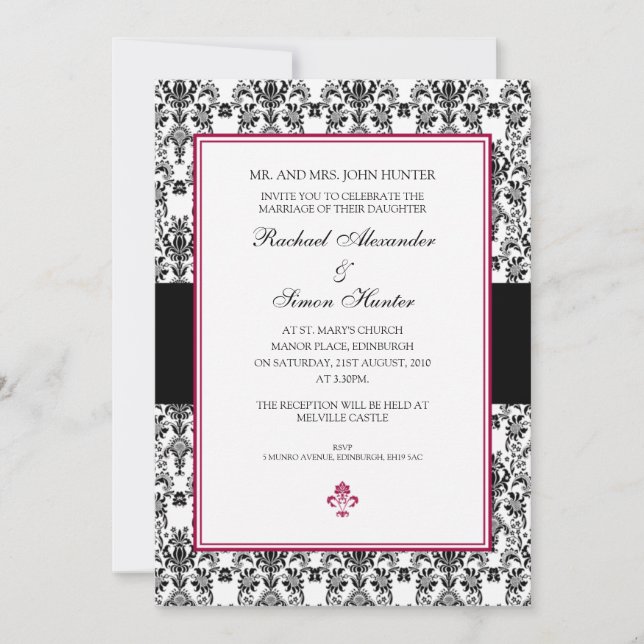 Convite Casamento tema damasco Preto e Branco (Frente)