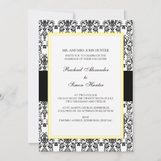 Convite Casamento tema damasco Preto e Branco - Amarelo 2 (Frente)