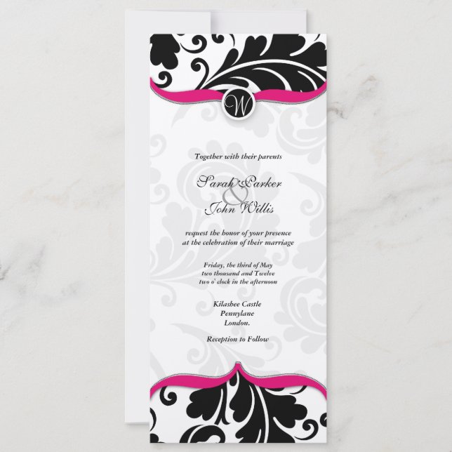 Convite Casamento tema damasco preto e branco Convide com  (Frente)