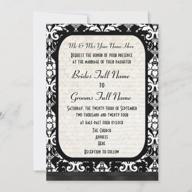Convite Casamento tema damasco preto e branco formal tradi (Frente)