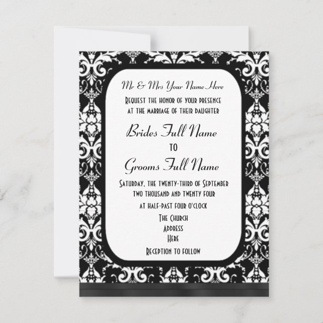 Convite Casamento tema damasco preto e branco formal tradi (Frente)