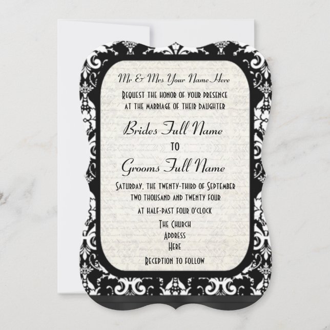 Convite Casamento tema damasco preto e branco formal tradi (Frente)