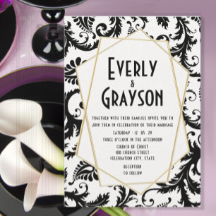 Convite Casamento tema damasco preto e branco monograma