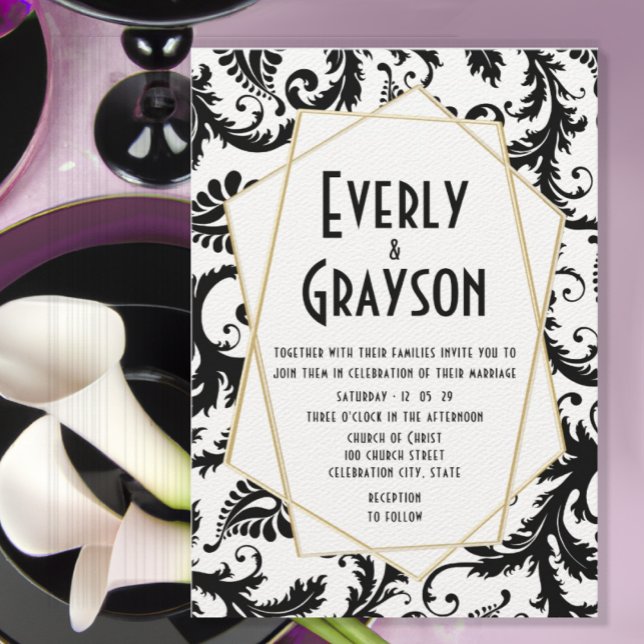 Convite Casamento tema damasco preto e branco monograma (Criador carregado)