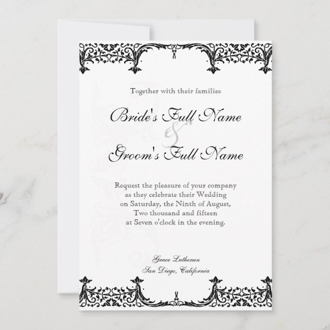 Convite Casamento tema damasco Preto n Branco Fleur de Lis (Frente)