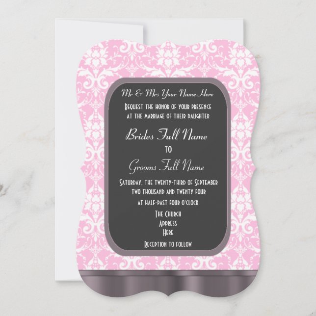 Convite Casamento tema damasco rosa e branco (Frente)